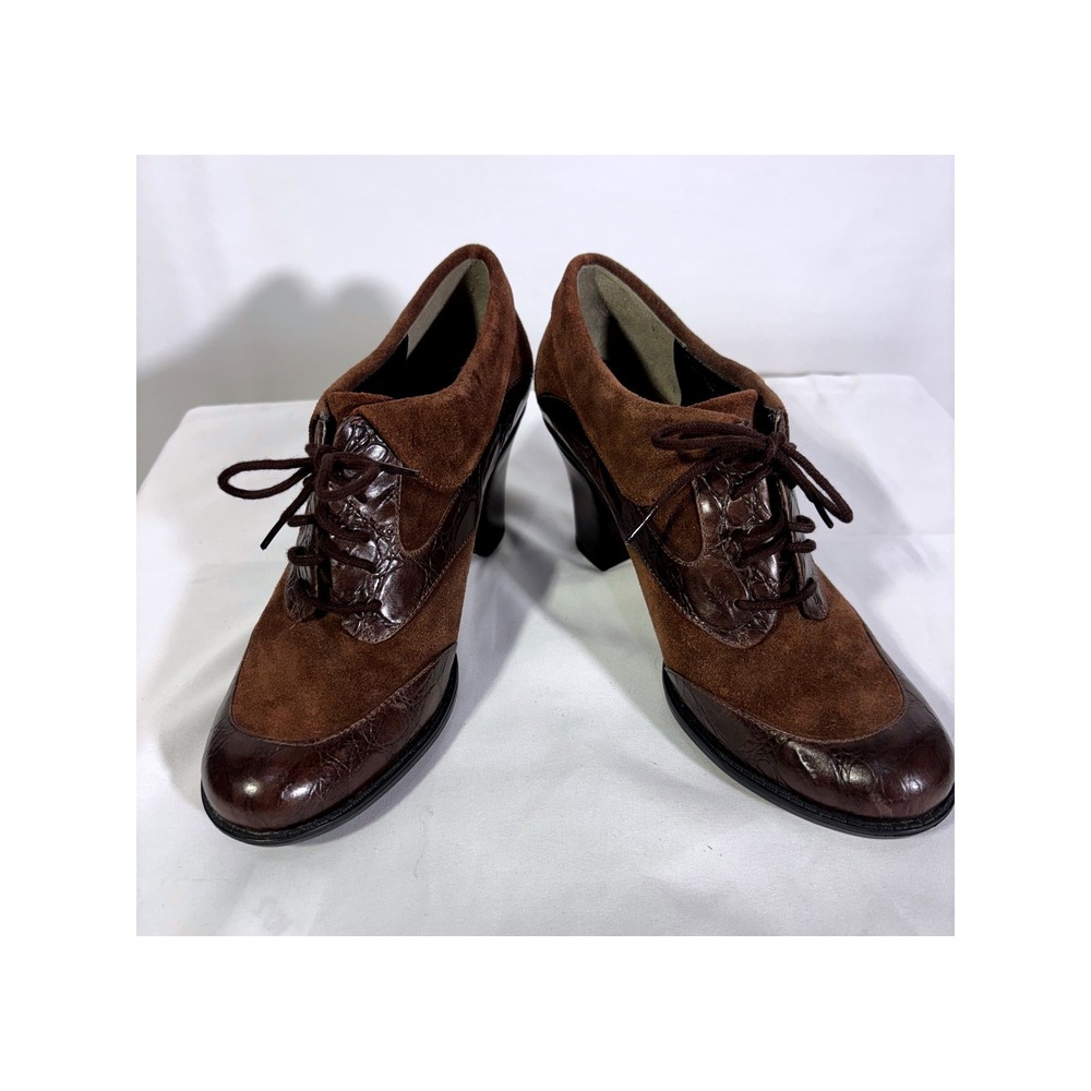 Dark Academia Naturalizer Oxford Heel Women 8 Brown Suede Croc Lace Up Booties